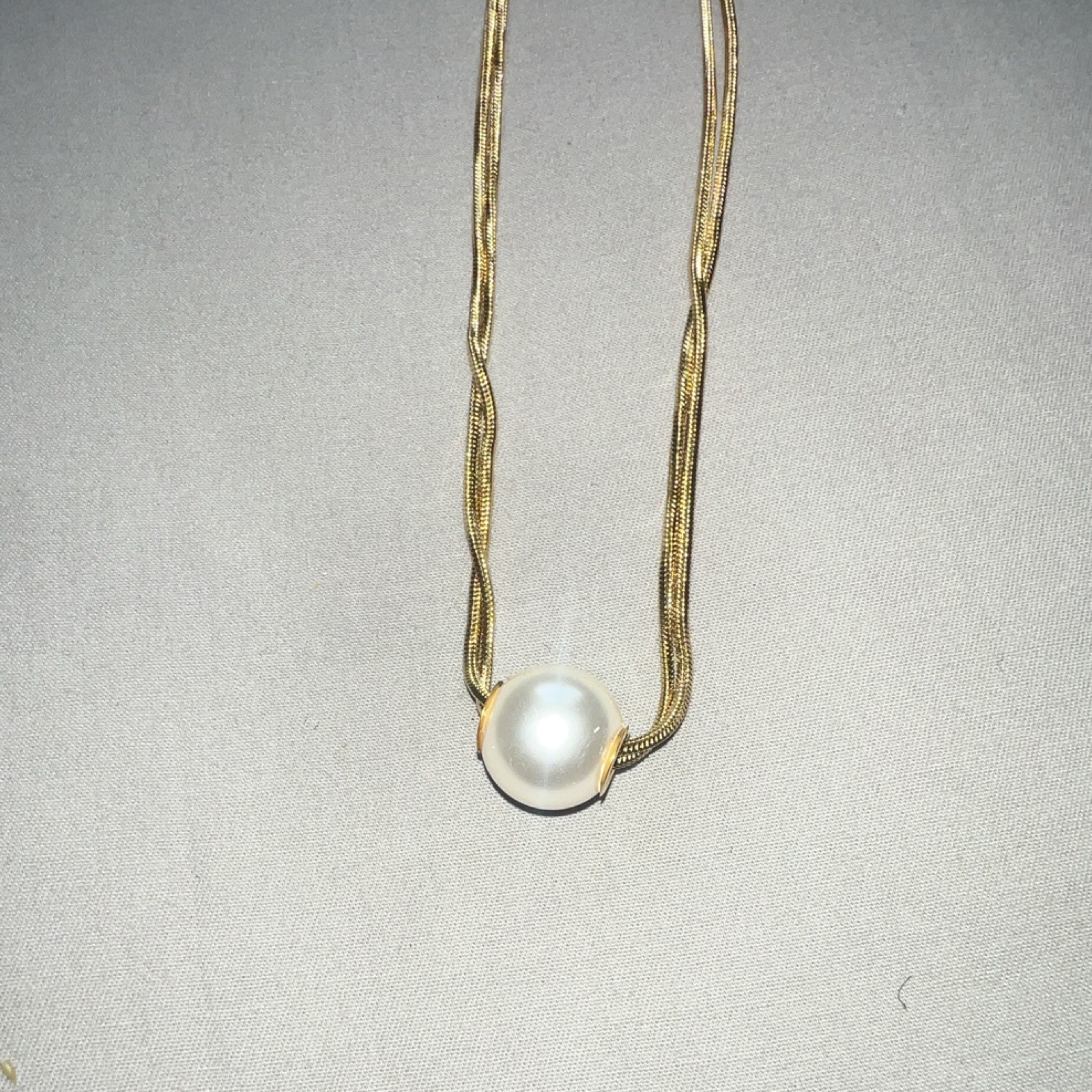 Gold Tone Snake Chain Necklace, White Round Pearl Bezel Pendant Charm, Lobster