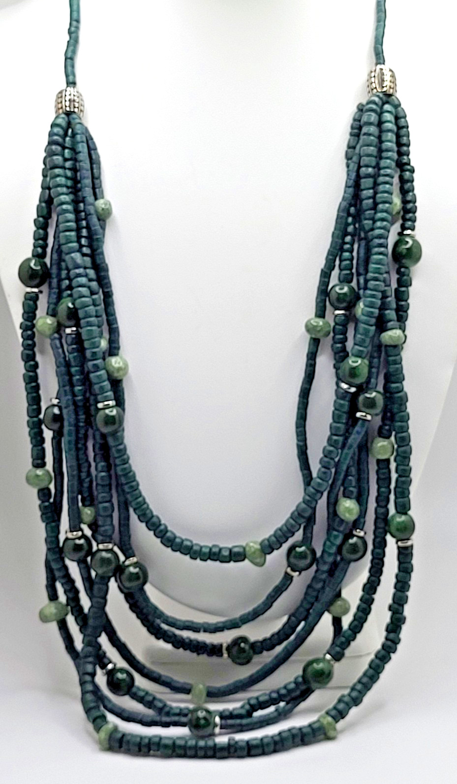 Dark Green Coconut Shell Pucalet Rondelle Beads & Enamel Layered Necklace