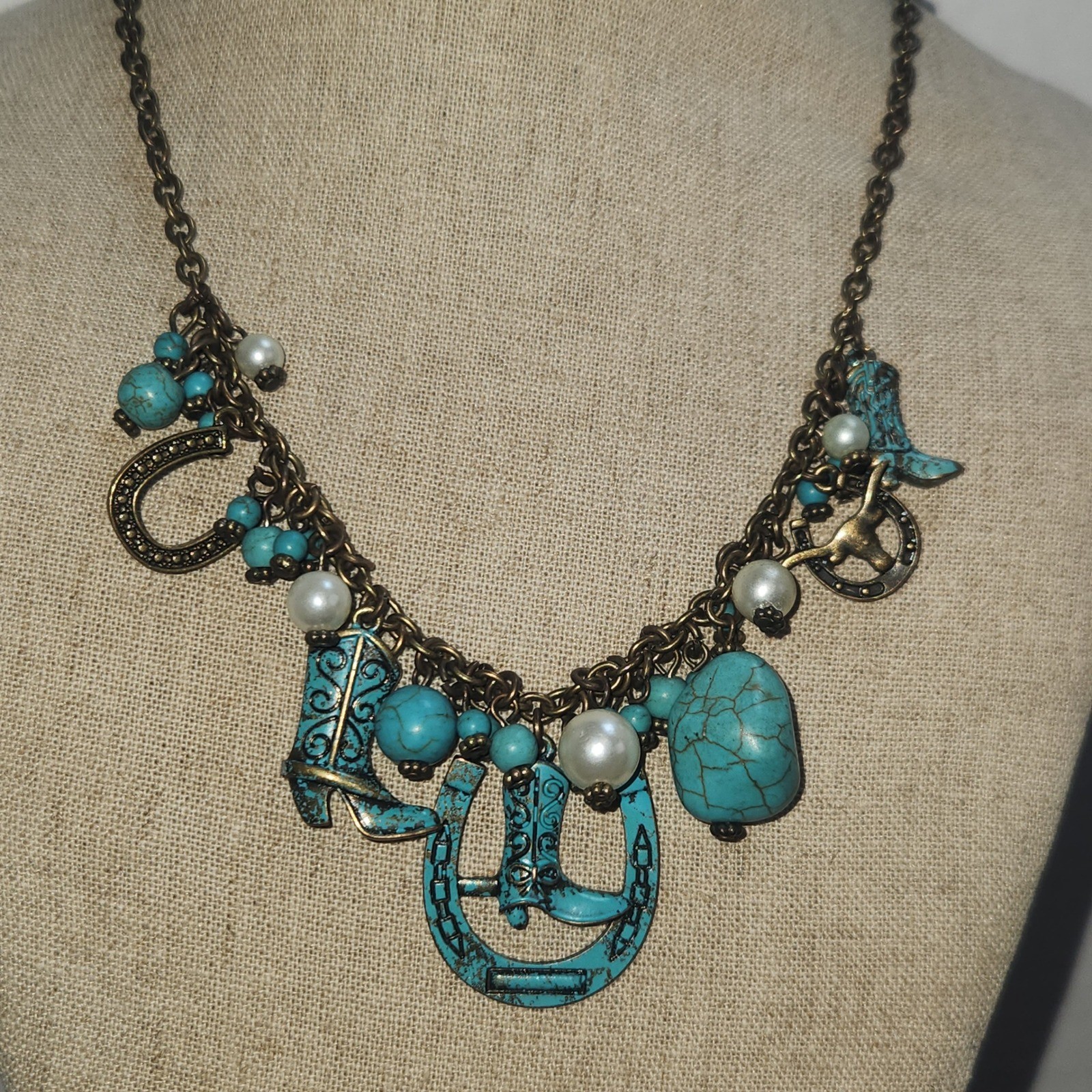 Western Turquoise color Cowboy Boot Horseshoe Charm Statement Necklace