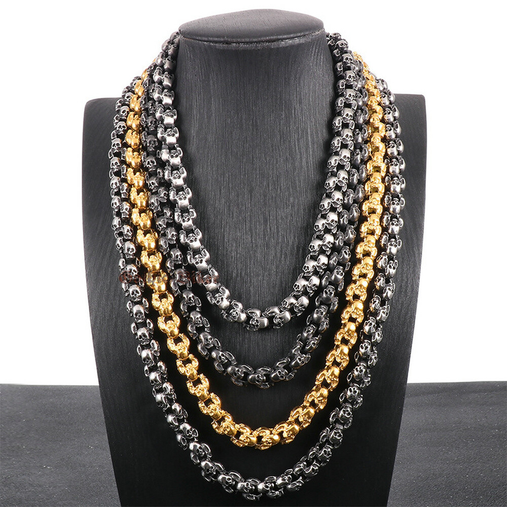Heavy Premium Men Stainless Steel Skull Link Chain Necklace Gunmetal Silver Tone