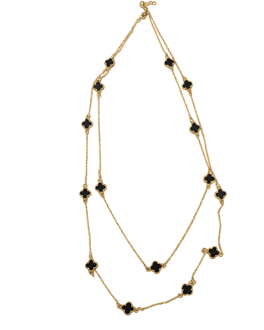 Gold Tone Clover Station Necklace 16 Black Motifs Long Layered Chain 65cm