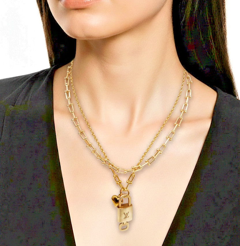 Authentic Louis Vuitton Gold Padlock w/ Unbranded Fashion Stainless Steel Chain