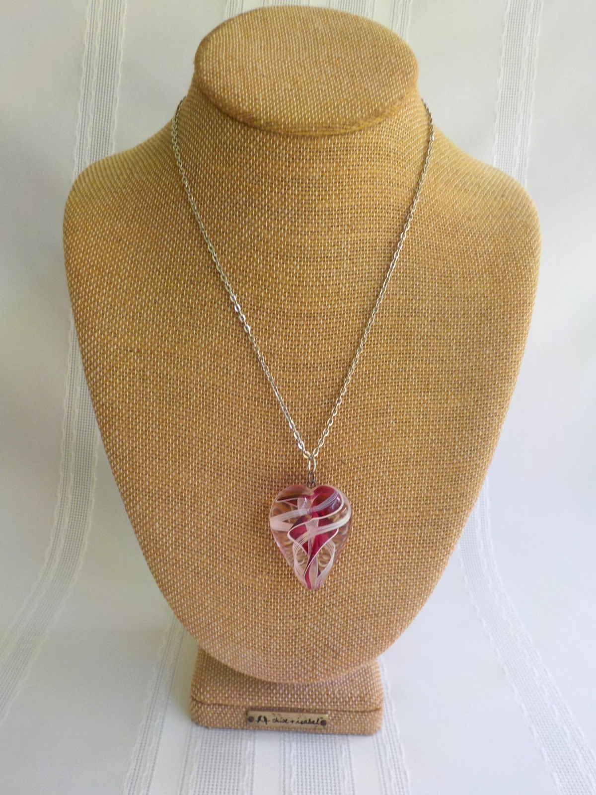 Heart Art Glass Necklace Red White Swirl Silver Tone Metal Pendant Heavy