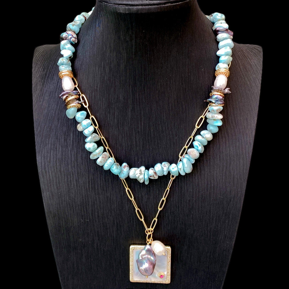 Blue Larimar Chain Choker Necklace White Sea Shell Black Baroque Pearl Pendant