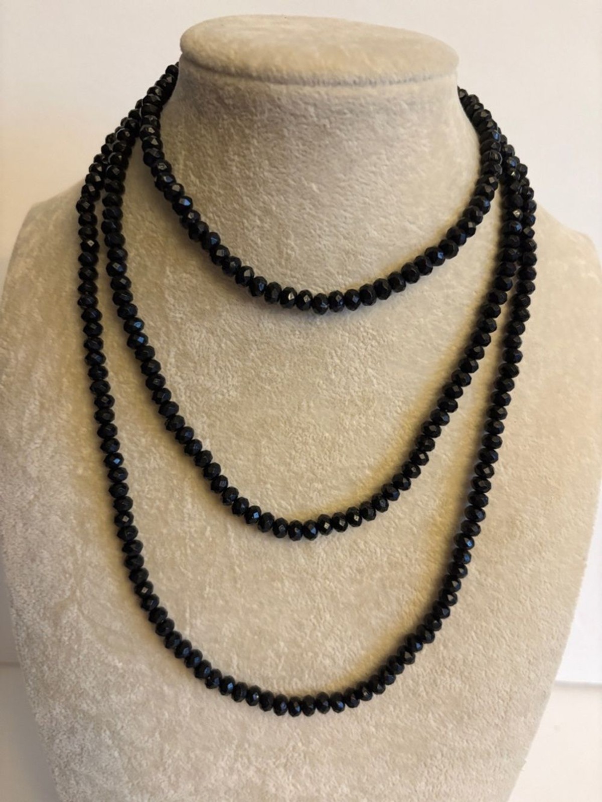 Long Black Faceted Bead Necklace 46” | Layering Strand Wrap Minimalist