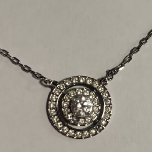 Swarovski Silver Tone Clear Crystal Double Halo Circle Pendant Necklace 17″