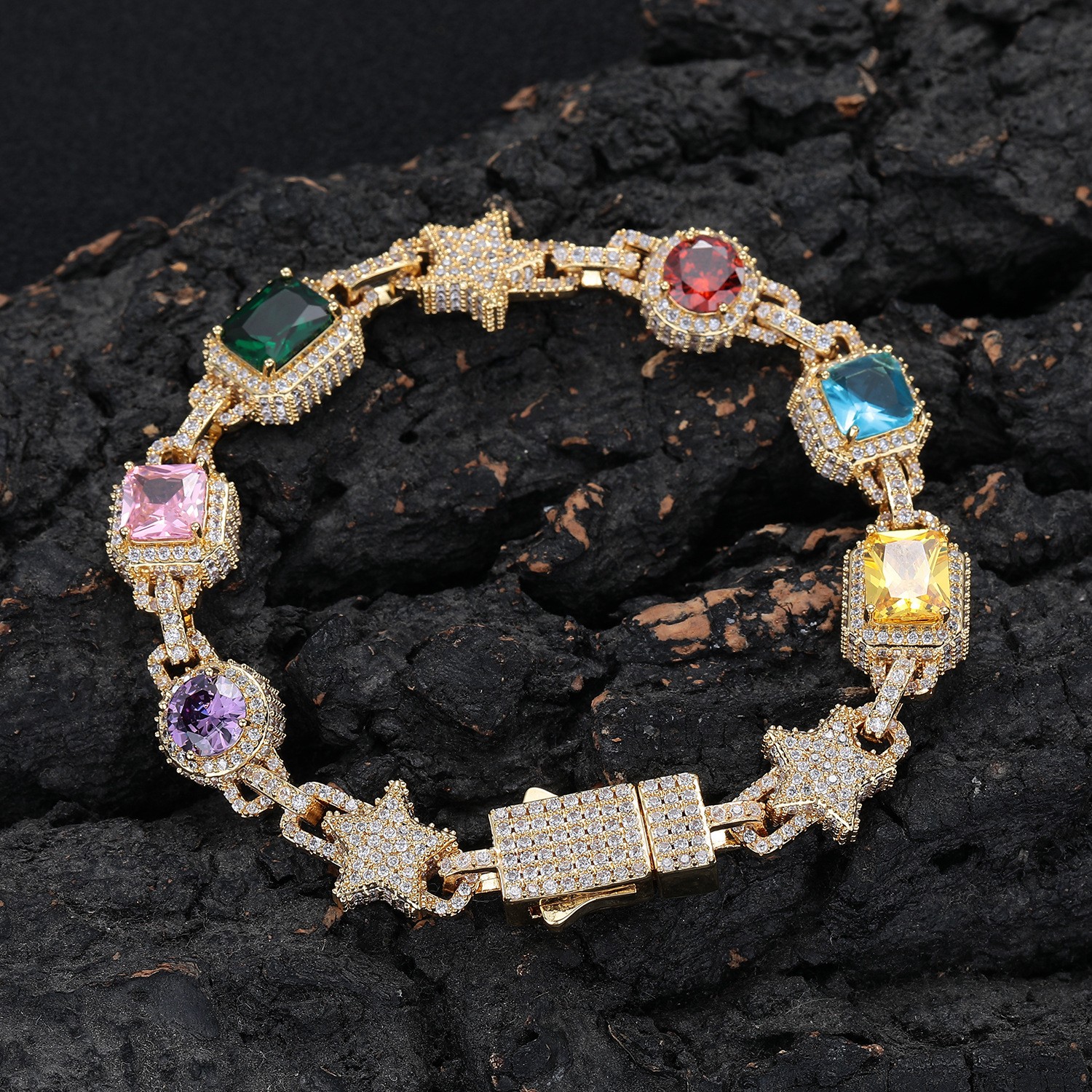 10mm Hip Hop Colored Zircon Crystal Star Chain Necklace Bracelet Choker Jewelry