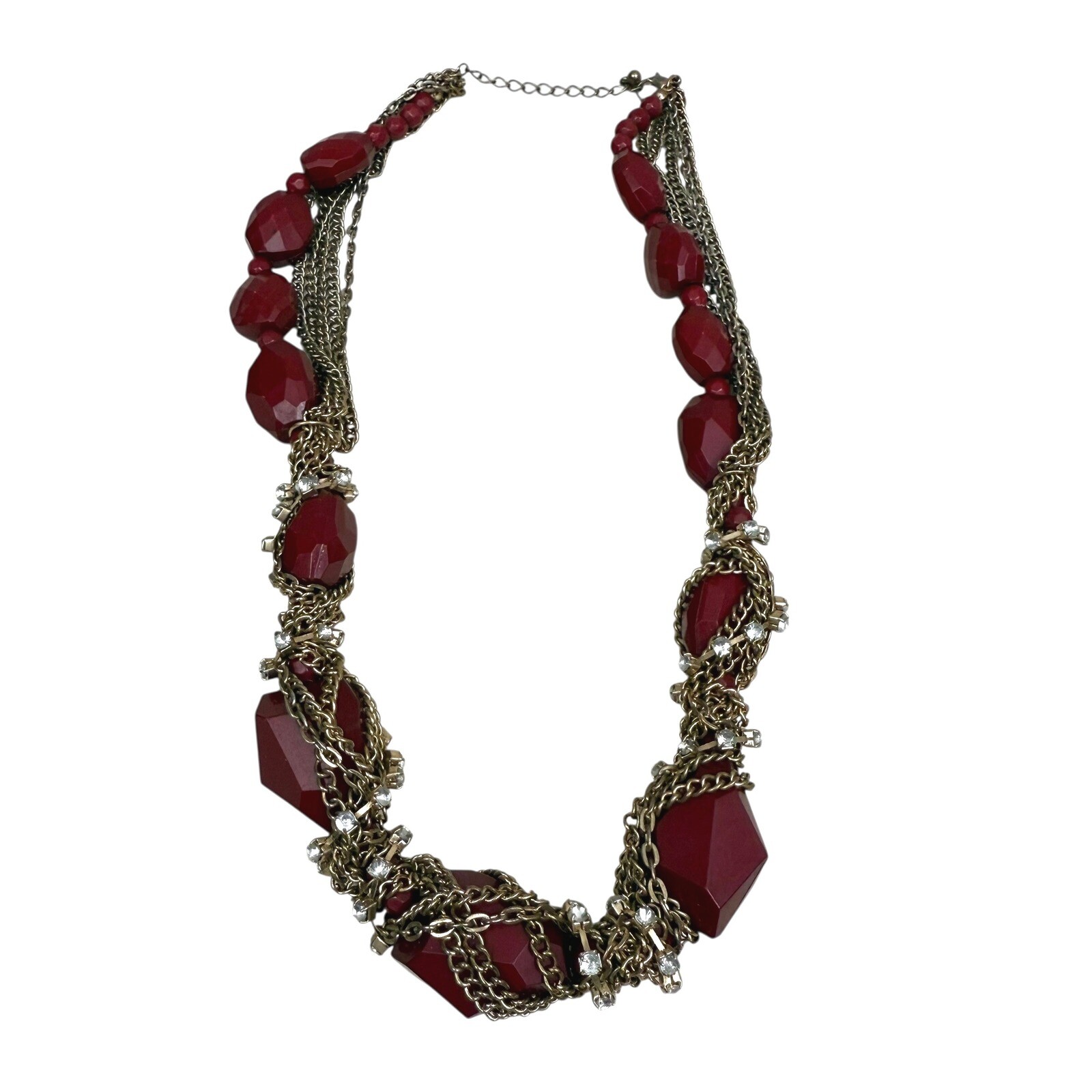 Ruby Red Faceted Acrylic Rhinestone Chain Chunky Beaded Statement Necklace 10 in