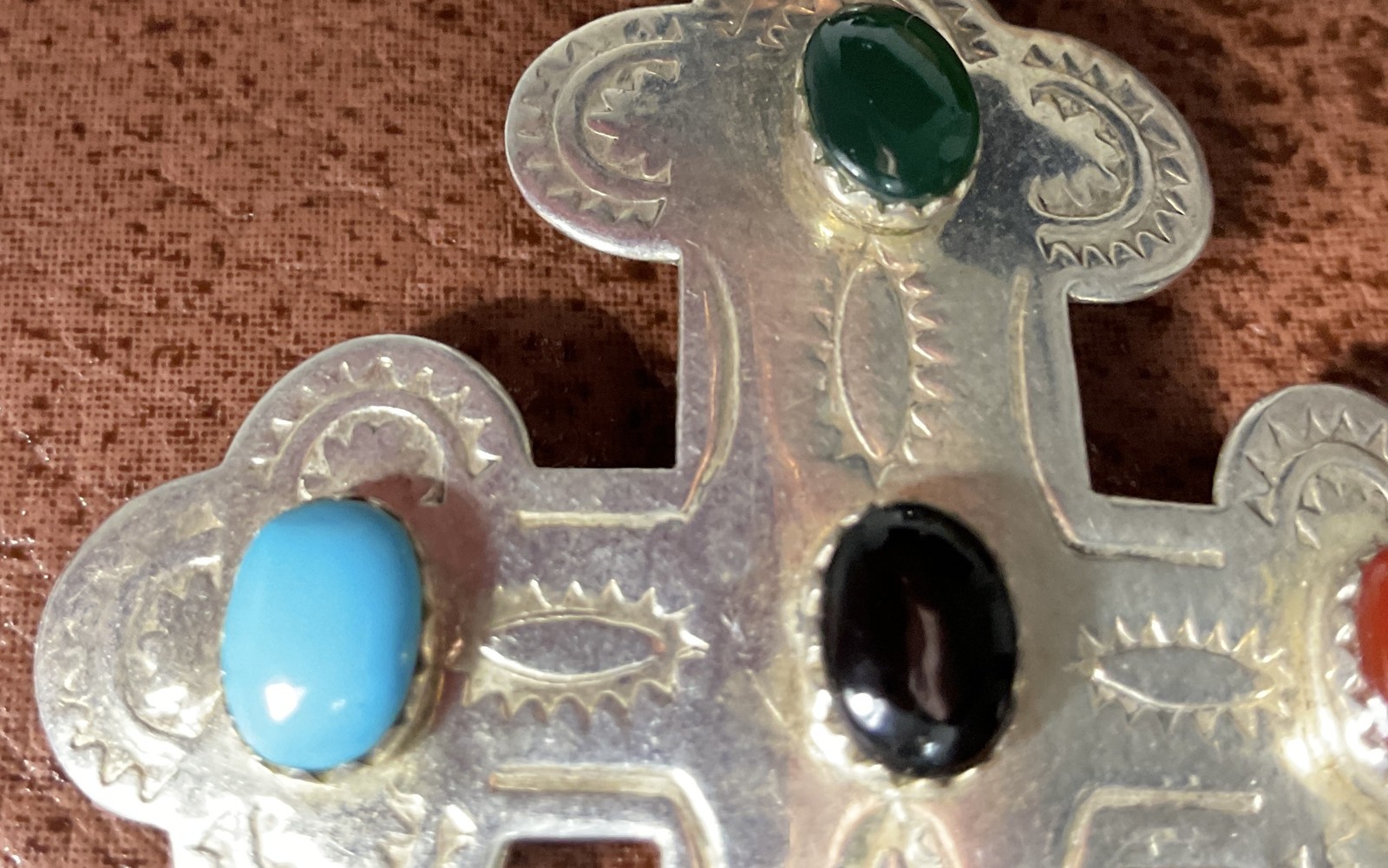 Sterling Silver Multi-Stone Cabochon Cross Pendant — 925 Thailand — Turquoise, L