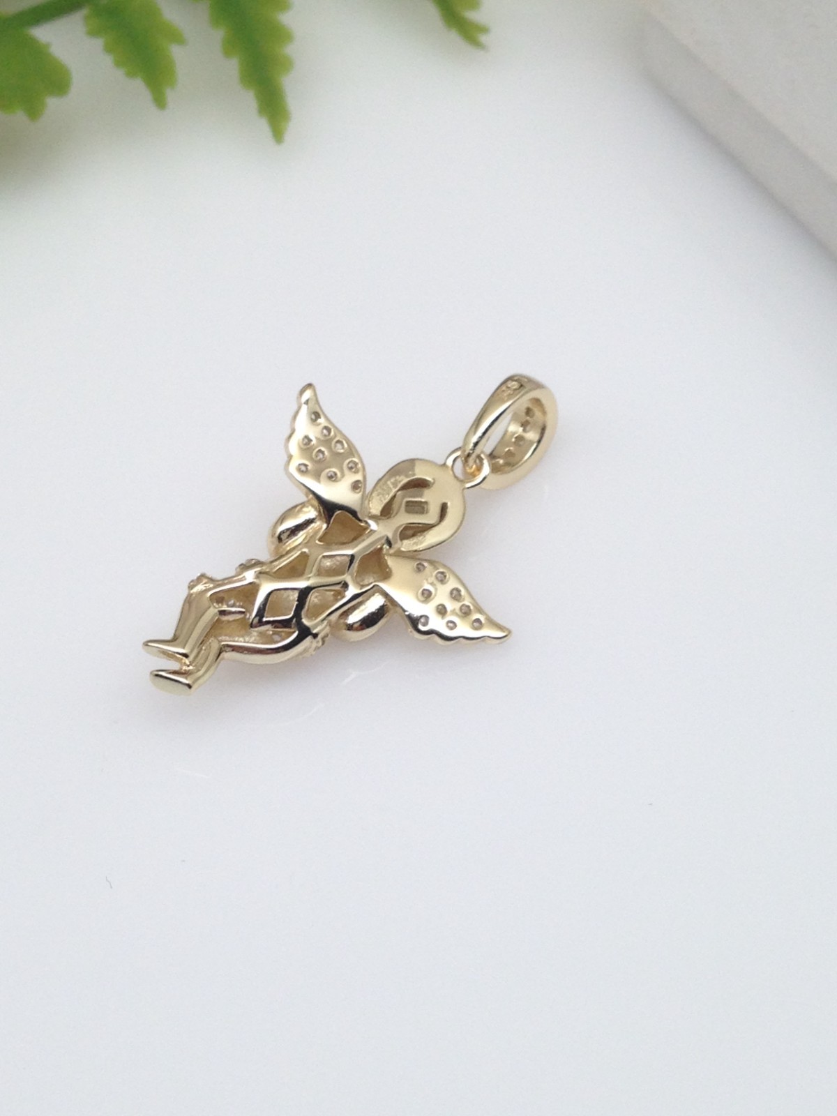 925 Sterling Silver CZ Gold Angel Pendant Small 22mm0.87″/31mm1.22″ Unisex