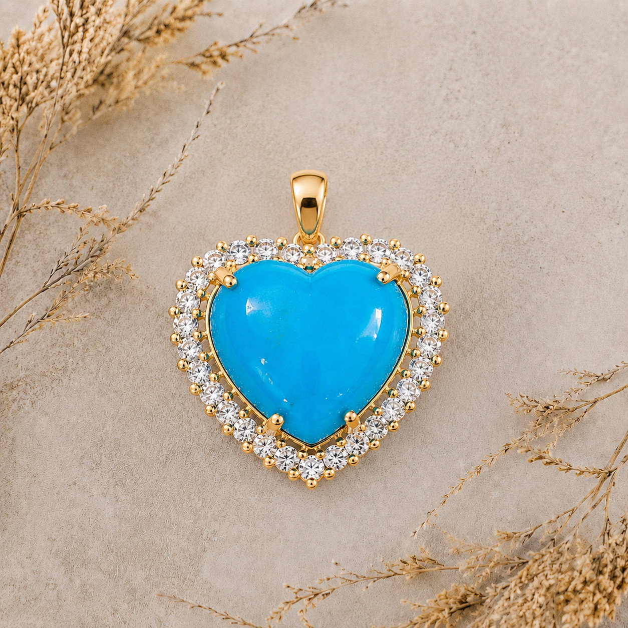 Turquoise Heart Pendant Brass CZ Halo Necklace Charm Gift for Her
