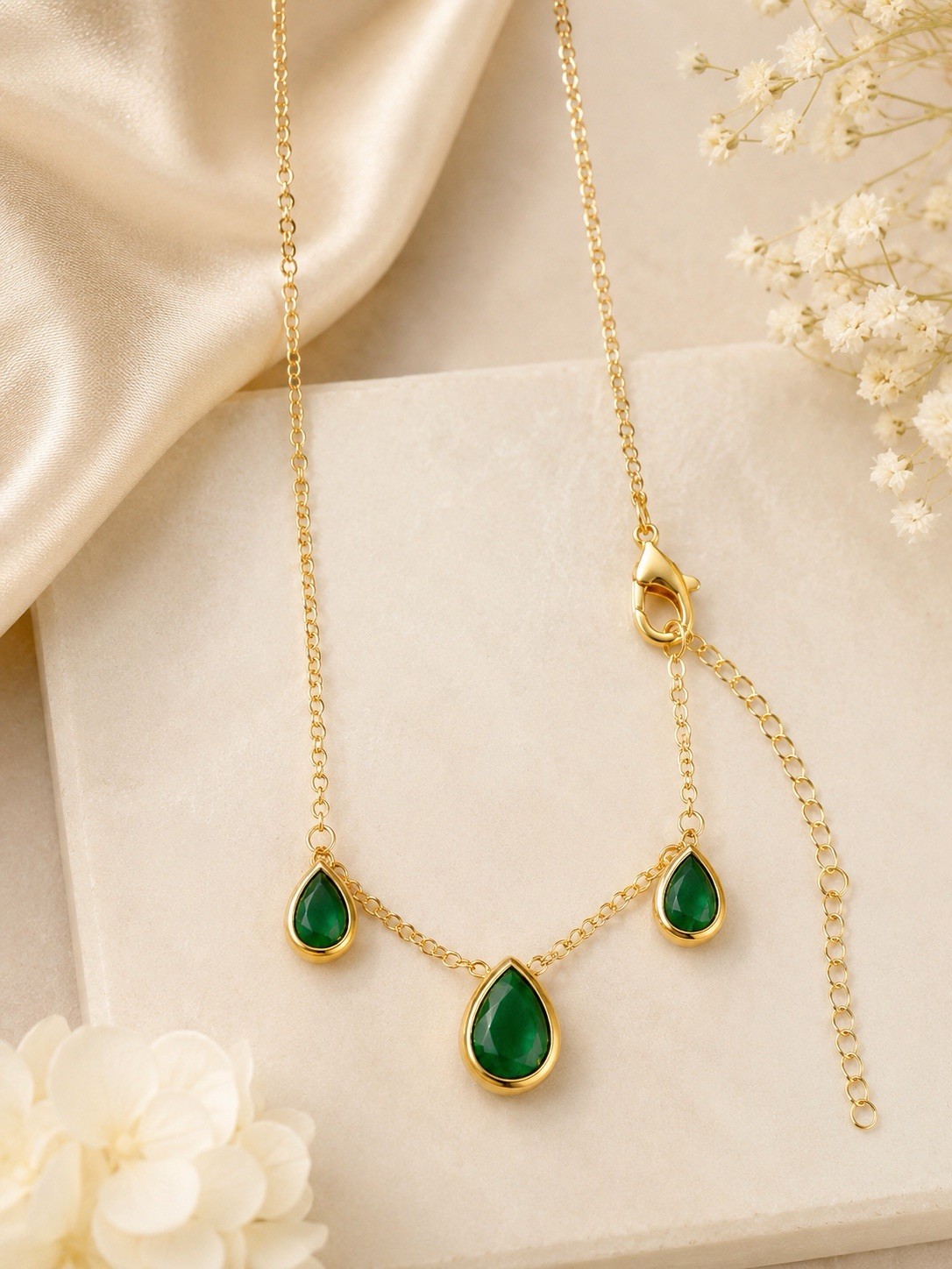 Gold Filled Teardrop Green Stone Necklace and Stud Earring Set