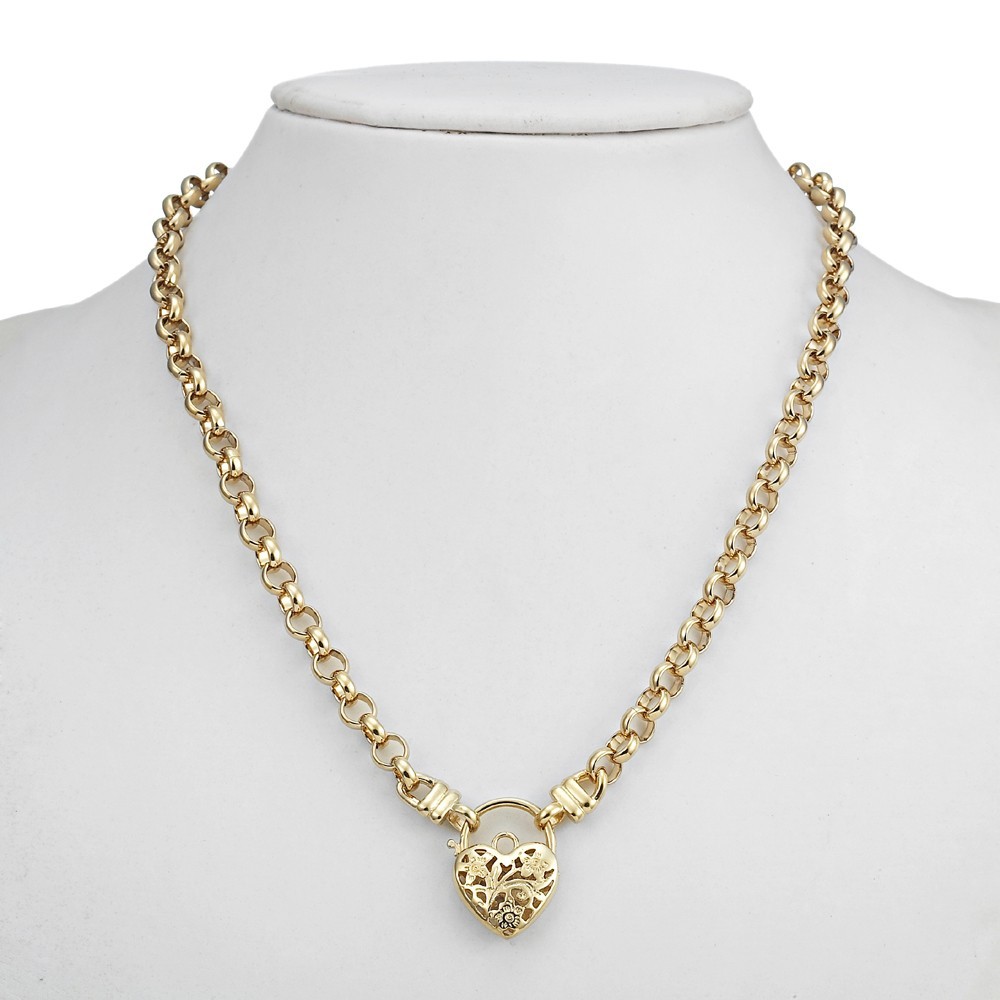 18K GL Solid Belcher Yellow Gold Necklace with Filigree Heart Padlock