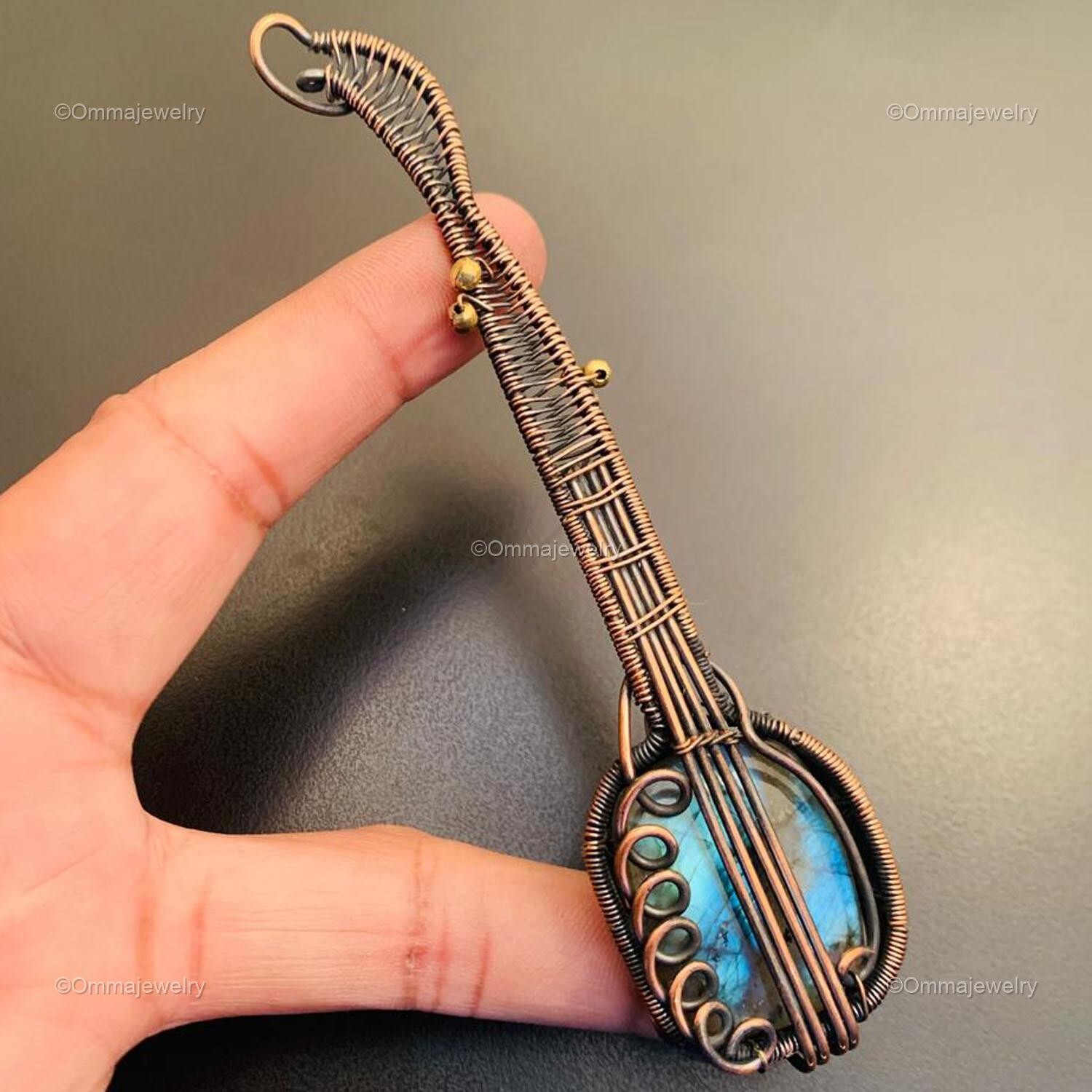 Square Natural Labradorite Wire Wrap Birthday Boho Guitar Pendant Jewelry Copper
