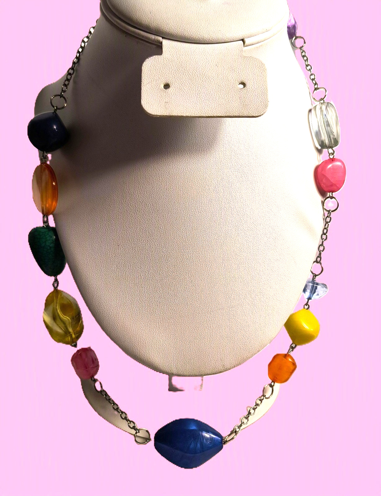 Multicolor Acrylic Beaded Statement Necklace Silvertone Chain