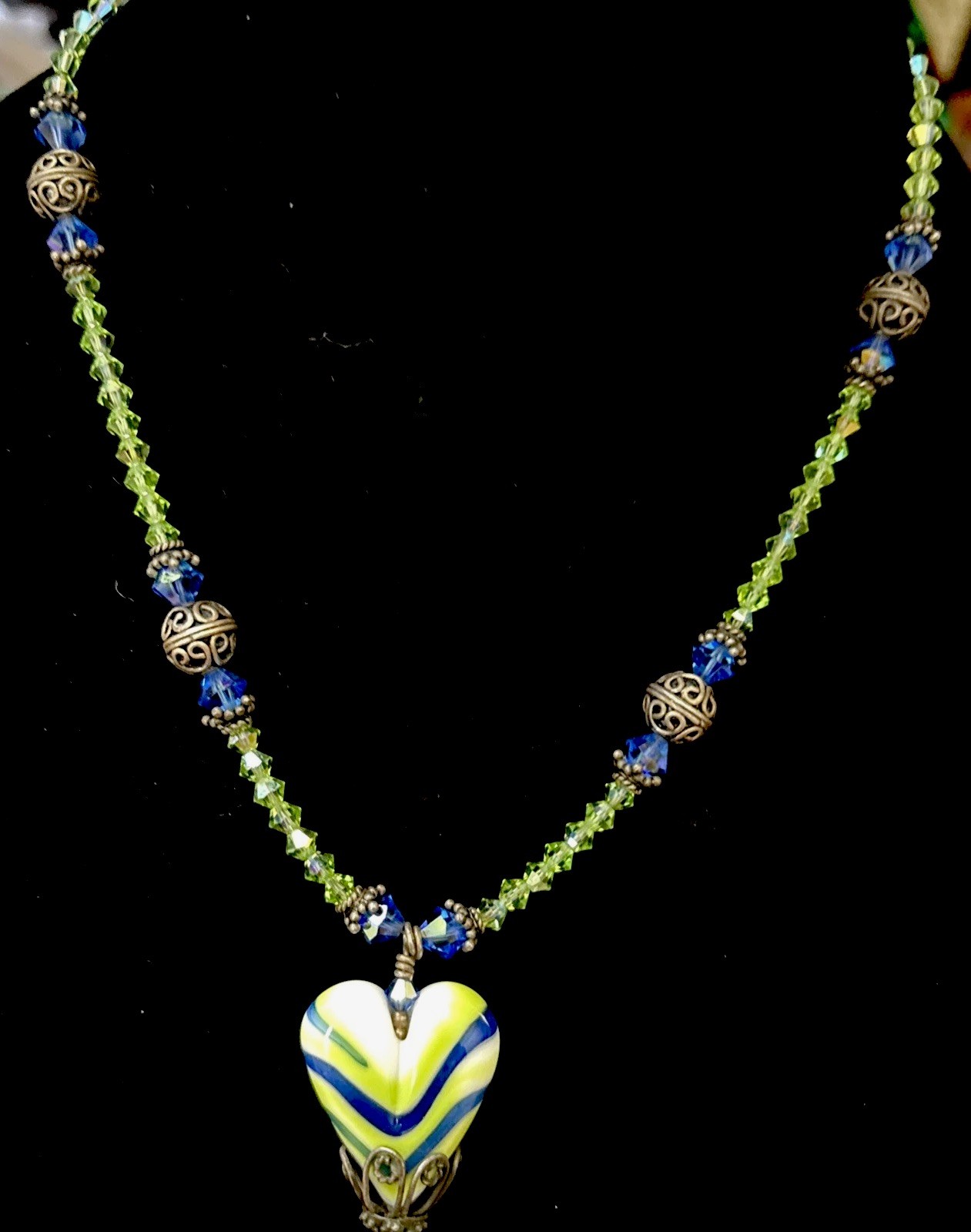 Necklace Heart Pendant Blue And Green Crystal Beaded Lobster Clasp