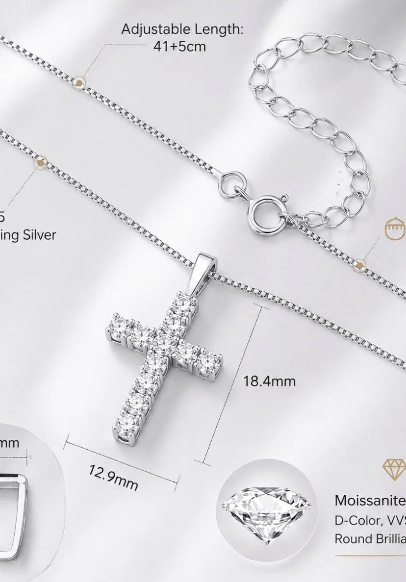 925 Sterling Silver Lab-Created White Moissanite Cross Box Chain Necklace 41+5cm