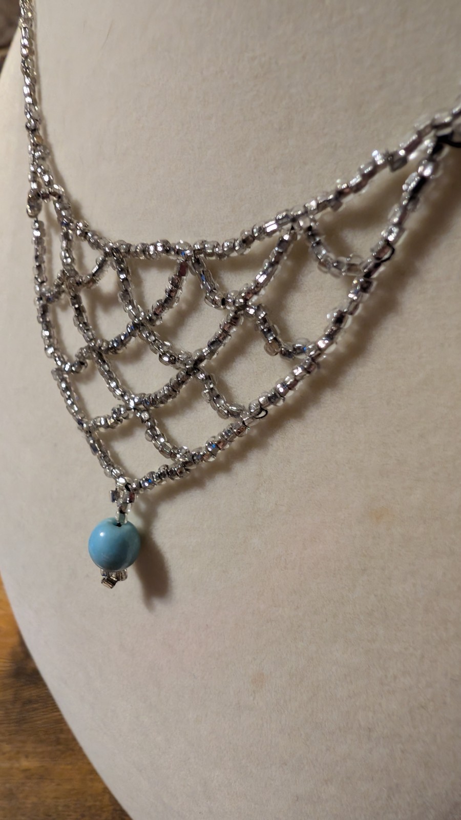 Beaded Bib Style Choker 14″ Gray Clear Iridescent Beads Blue Bead Charm Y2K