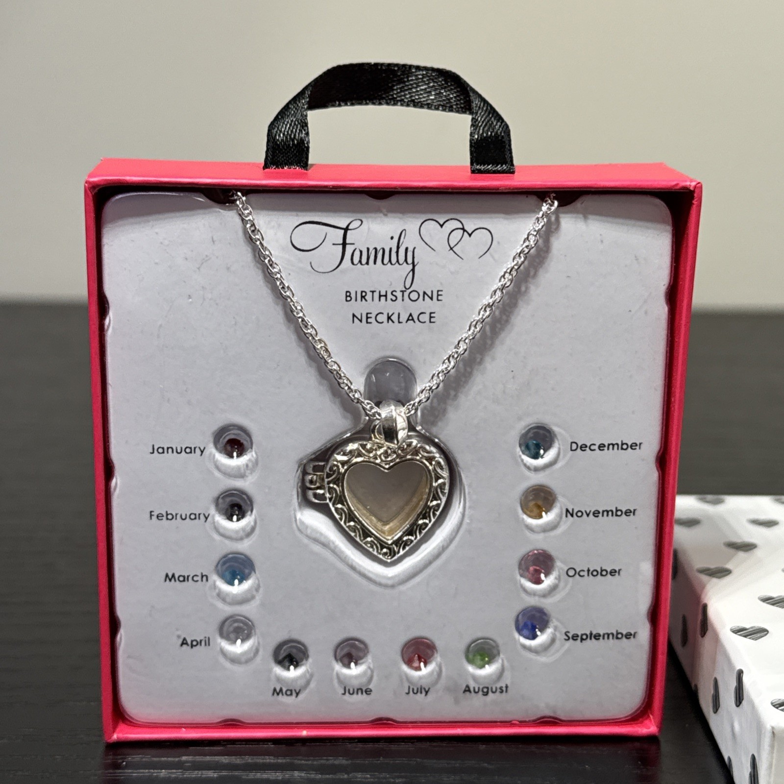 Silver Tone Family Birthstone Chain Necklace w Heart Locket Pendant NIB