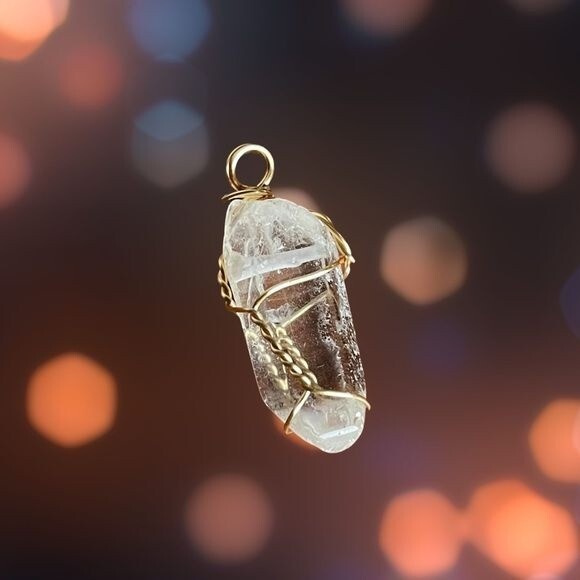 Clear Quartz Crystal Pendant Wrapped w/Gold Wiring (Does not Come w/Chain)