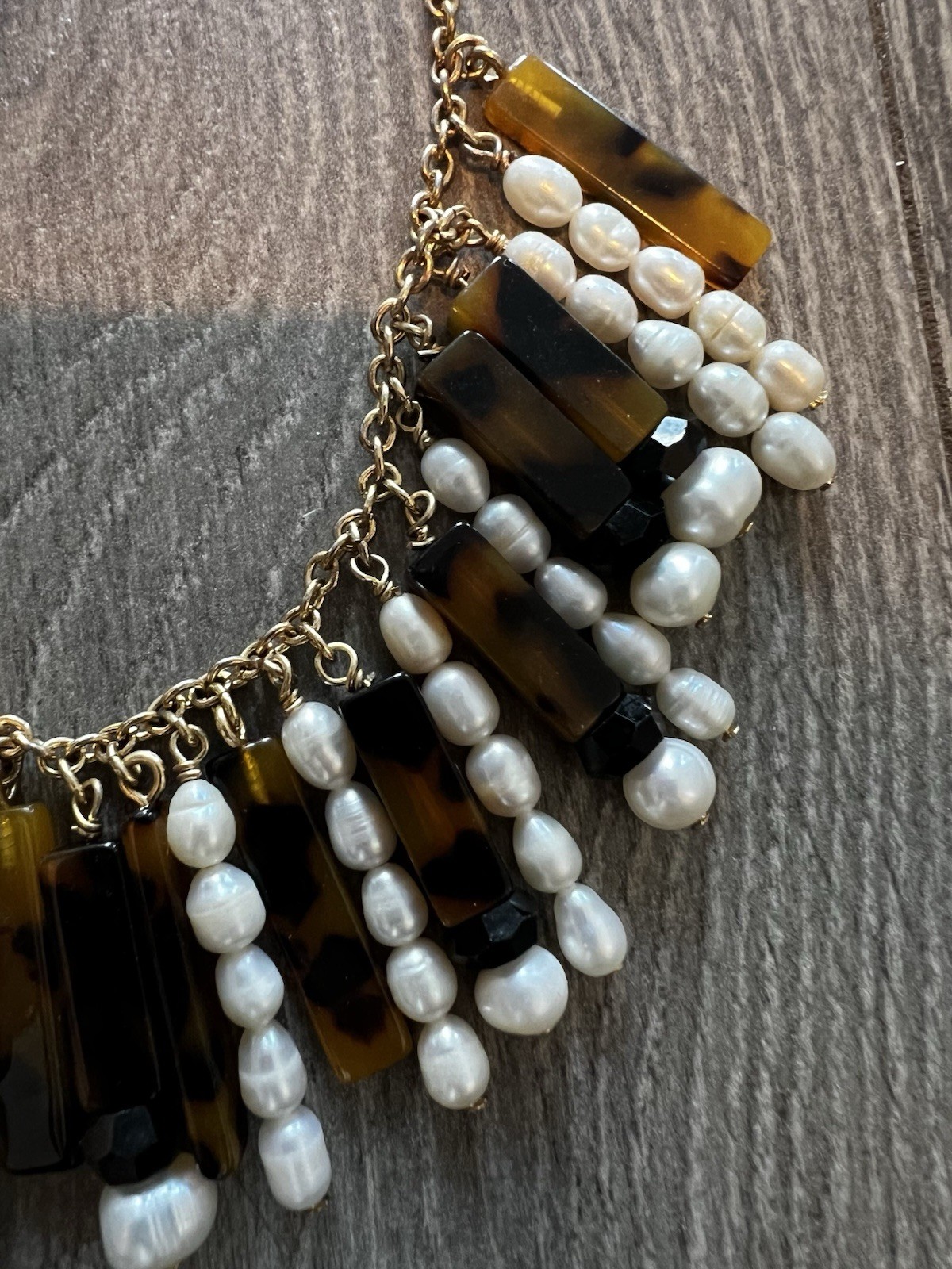 Ann Taylor Tortoiseshell & Faux Pearl Statement Bib Necklace Gold Tone Adjust