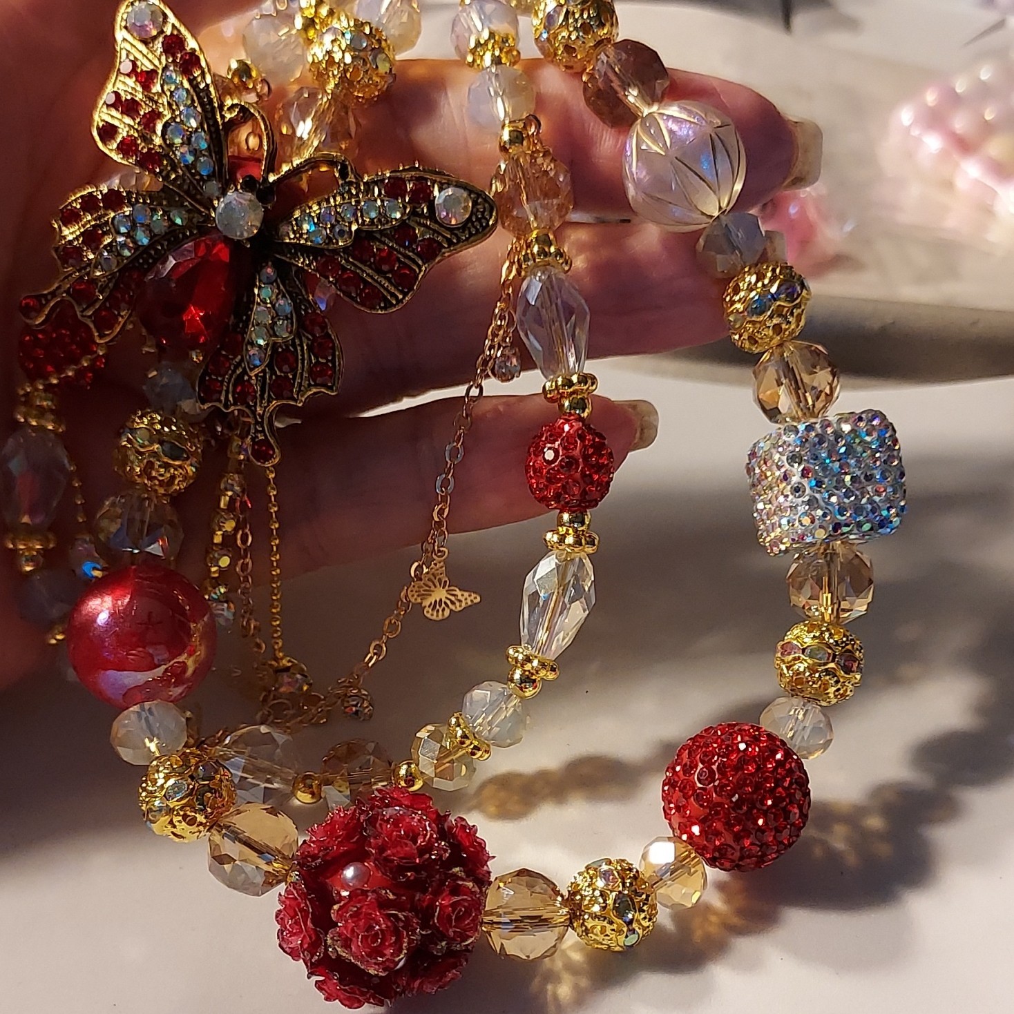 Gold Tone Beaded Necklace Butterfly Charm Pendant Rhinestone Crystal Red Clear