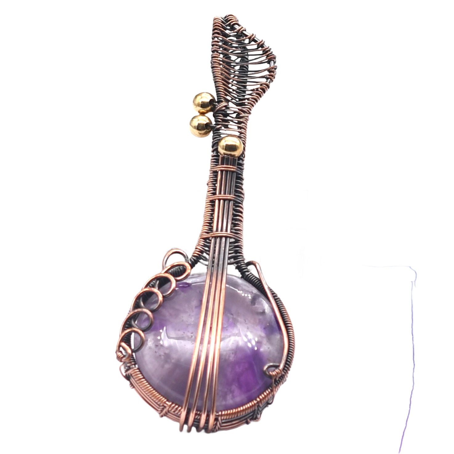 Amethyst Copper Wire Natural Gemstone Guitar Pendant 3.75″ J 3801