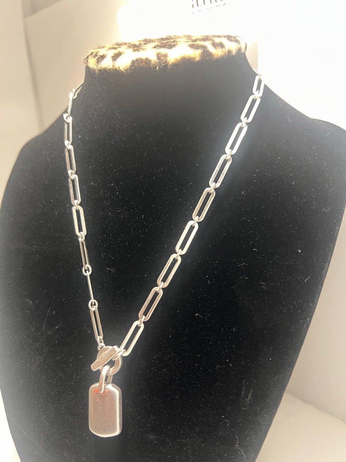 ana Silver Tone Link Chain Necklace with Rectangle Dog Tag Pendant