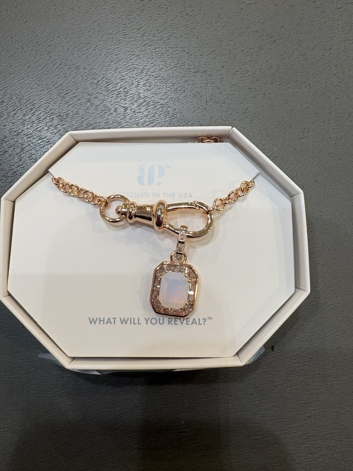 BP Rose Gold Plated Lab Moonstone White Octagon CZ Halo Necklace 18″ Adj