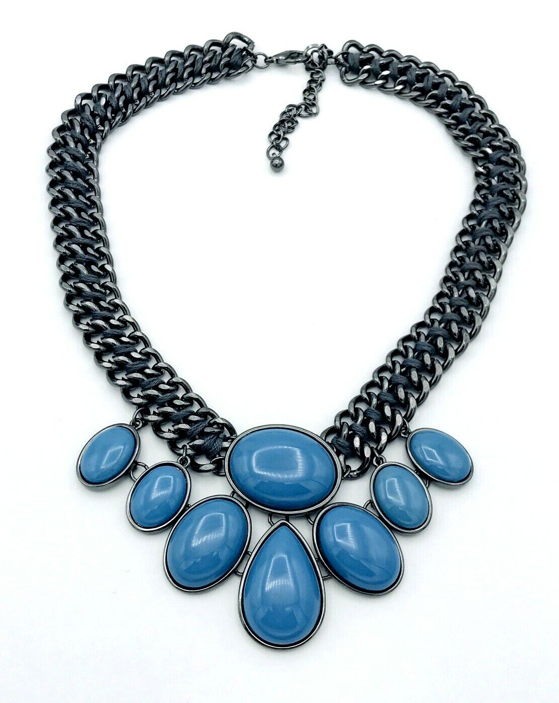 Woven Double Black Curb Chain Blue Cabochon Statement Necklace