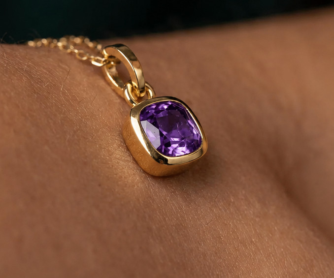 14K Yellow Gold Cushion Cut Amethyst Bezel 3.25 Carat Elegant Pendant Necklace