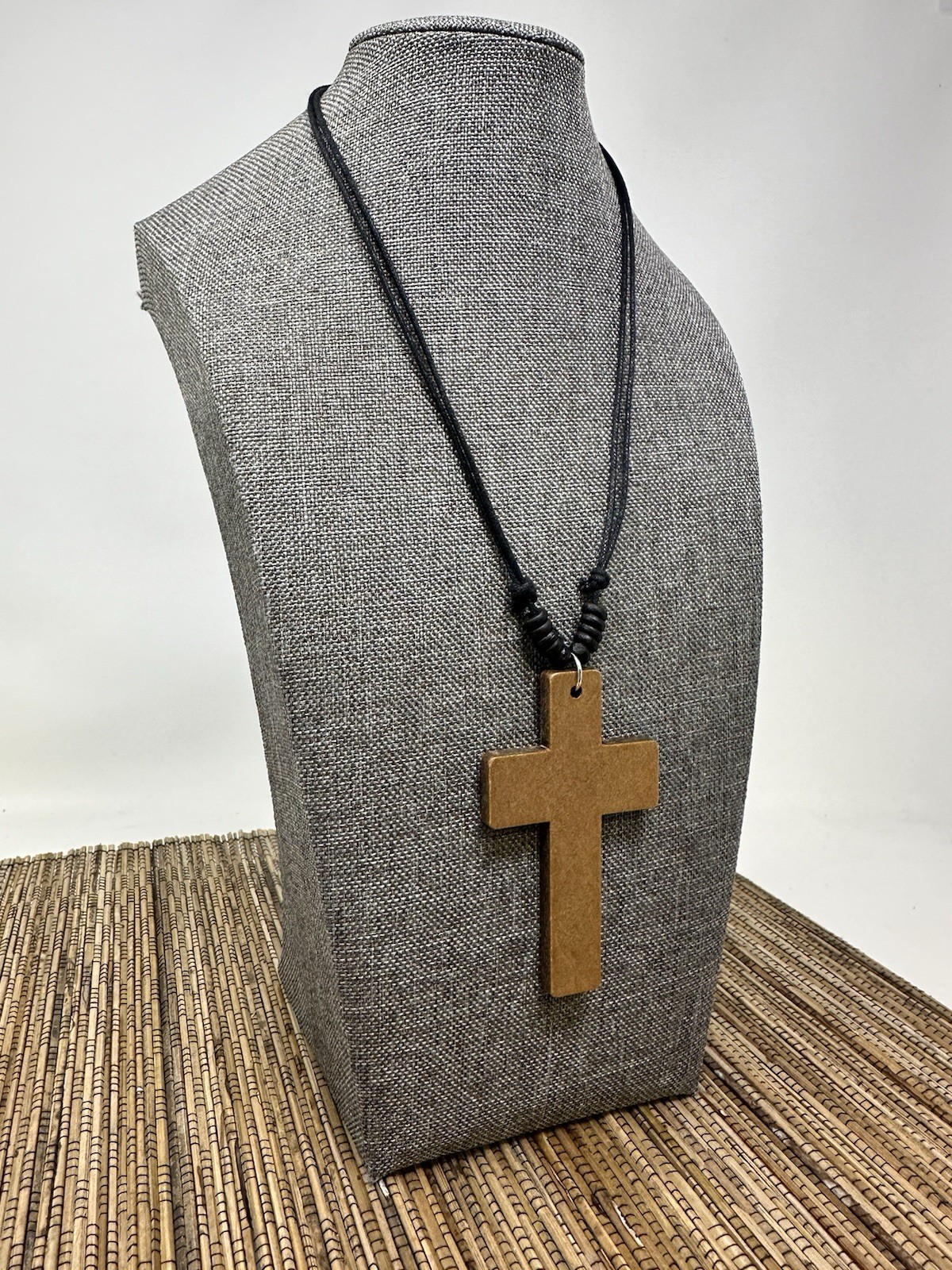 Wooden Cross Necklace 3in Brown Pendant Adjustable 16‑30in Sliding Knots Unisex