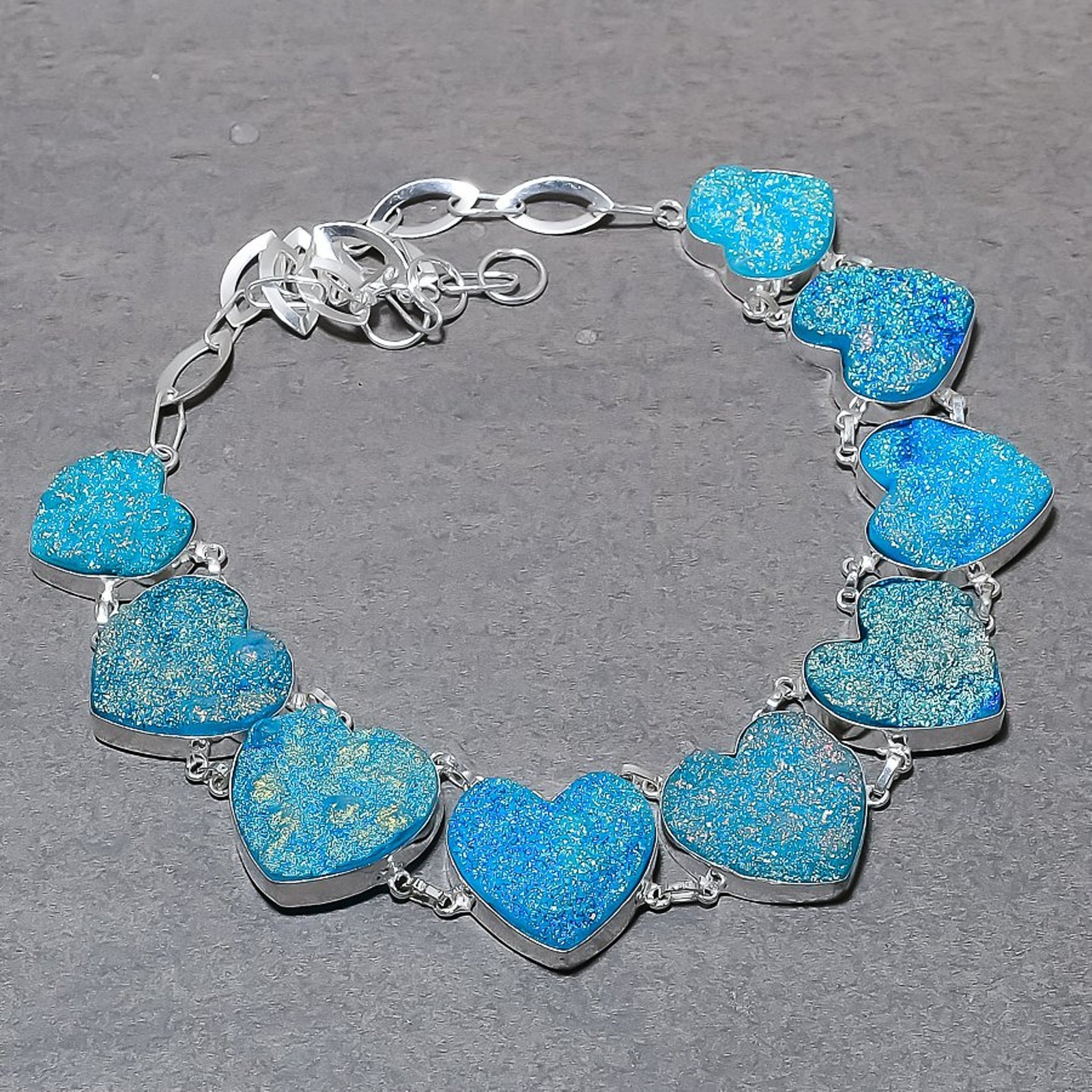 Blue Titanium Druzy Heart Shape Gemstone Necklace Adjustable Chain Jewelry 18″