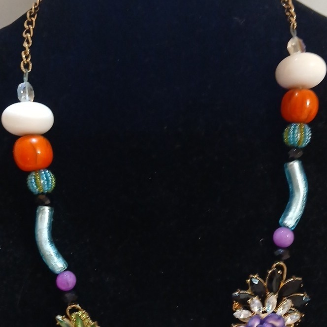 Multicolor Beaded Original Statement Flower Necklace Floral Crystal Accents 1of1