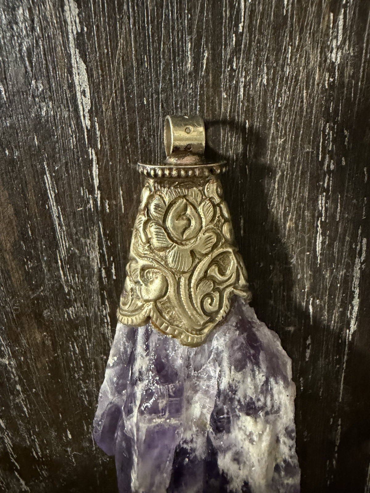 Purple Amethyst Rough Irregular Crystal Point Pendant Charm w/ Silver-Tone Cap