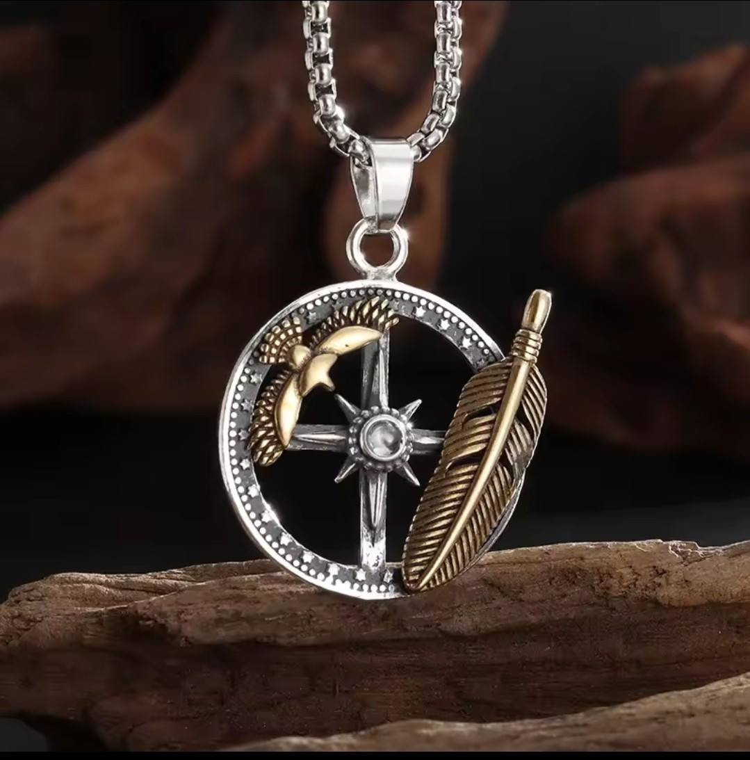 Men’s Fashion Feather Eagle Compass Pendant and 22″ Necklace 5-2B