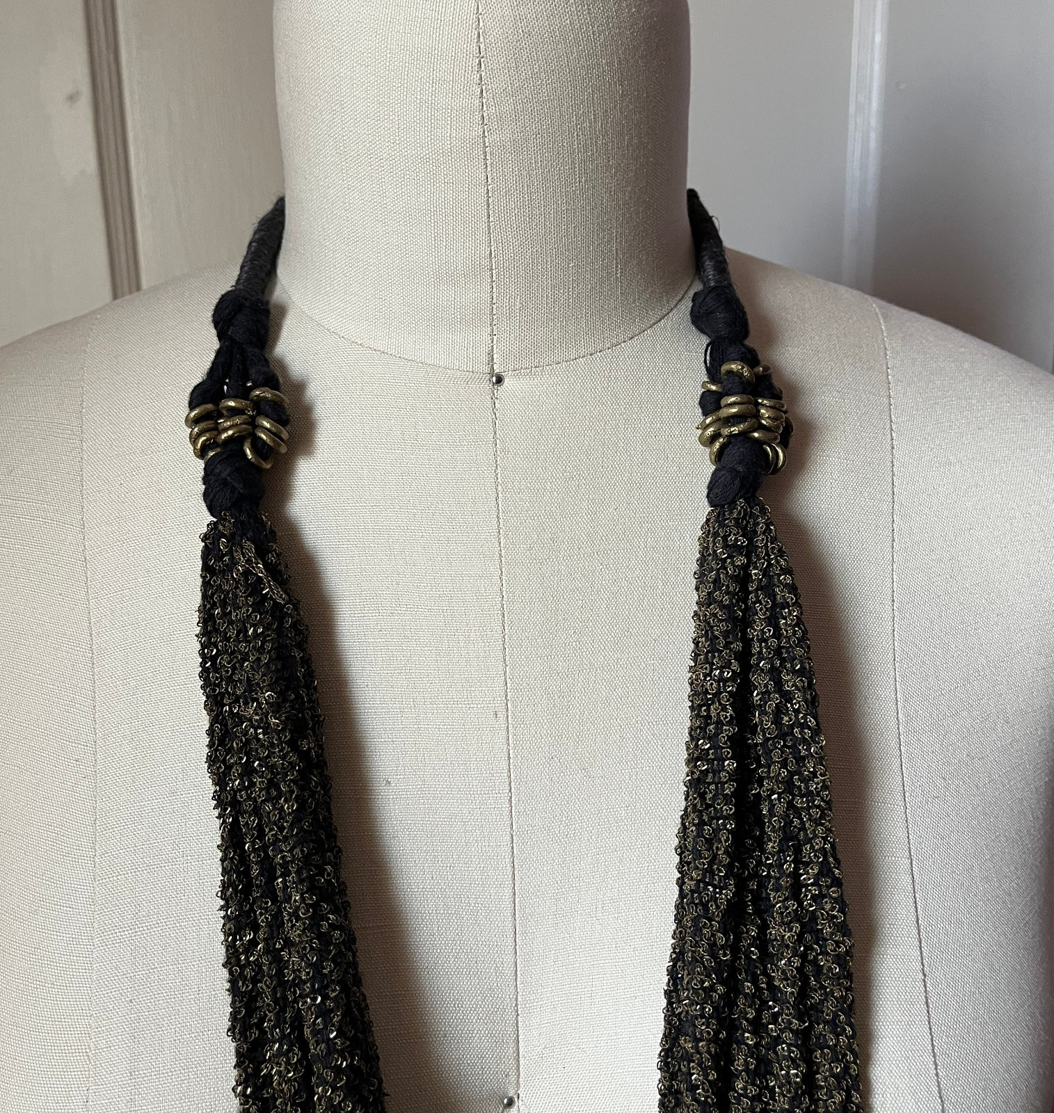 Rhiannon Griego Statement Woven Necklace Textile Art Navy Blue with Brass