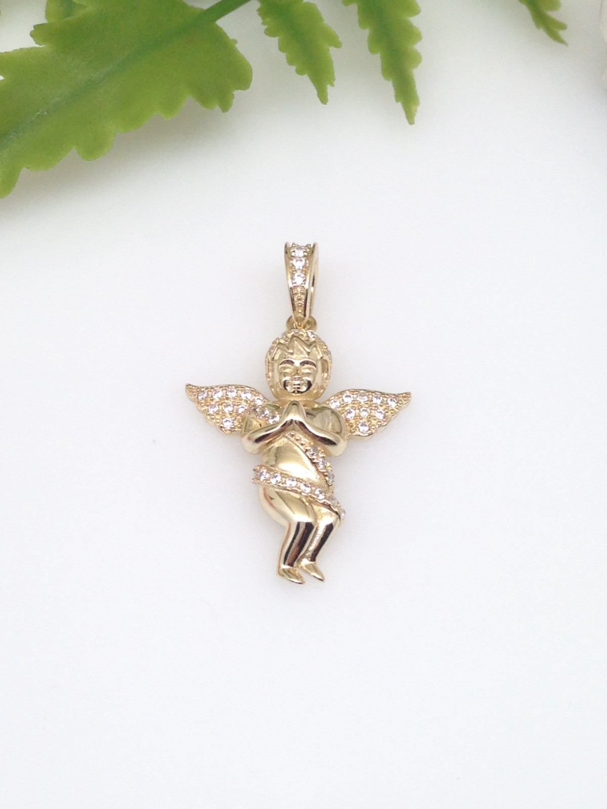 925 Sterling Silver CZ Gold Angel Pendant Small 22mm0.87″/31mm1.22″ Unisex