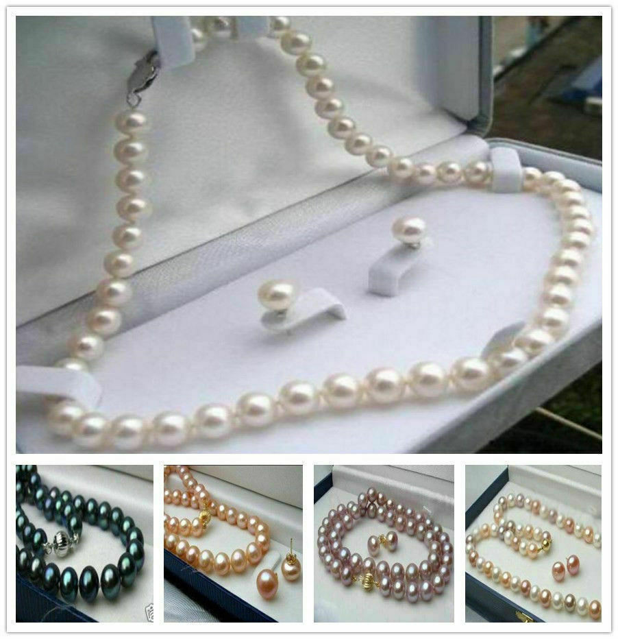 20 Inch Long 7-8mm Real Natural 5 Color Akoya Cultured Pearl Necklace Earrings