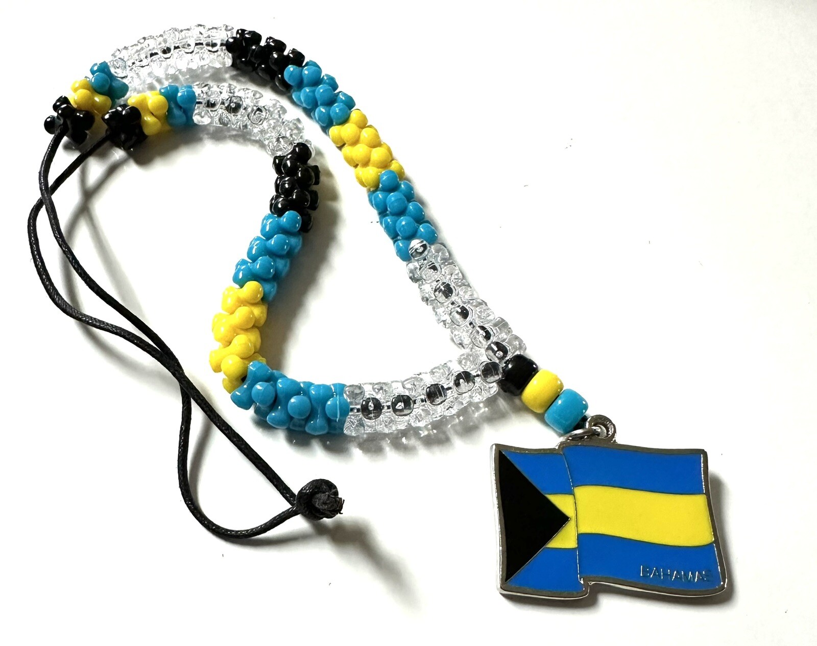BAHAMAS FLAG COLOR BEADED Necklace Pendant With 14” Beaded In Leather String