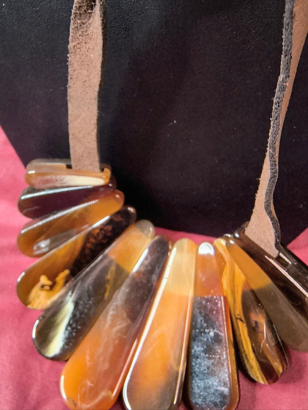 Vintage Genuine Leather Acrylic Statement Necklace Brown Amber Tortoiseshell Bib