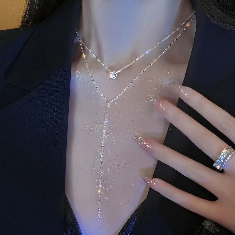 Colorful Crystal Y-Shaped Zinc Alloy Necklace Gold Silver Collarbone Chain