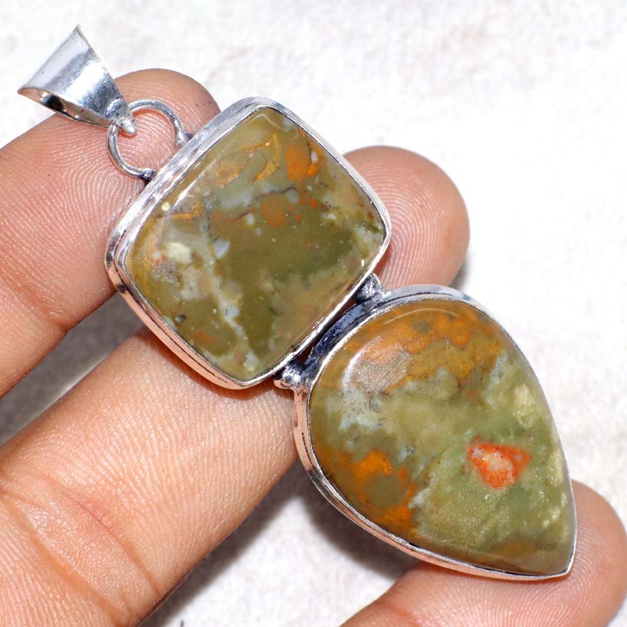 925 Silver Plated Long Picture Jasper Pendant 2.5″ Gift For Mom Trendy JW