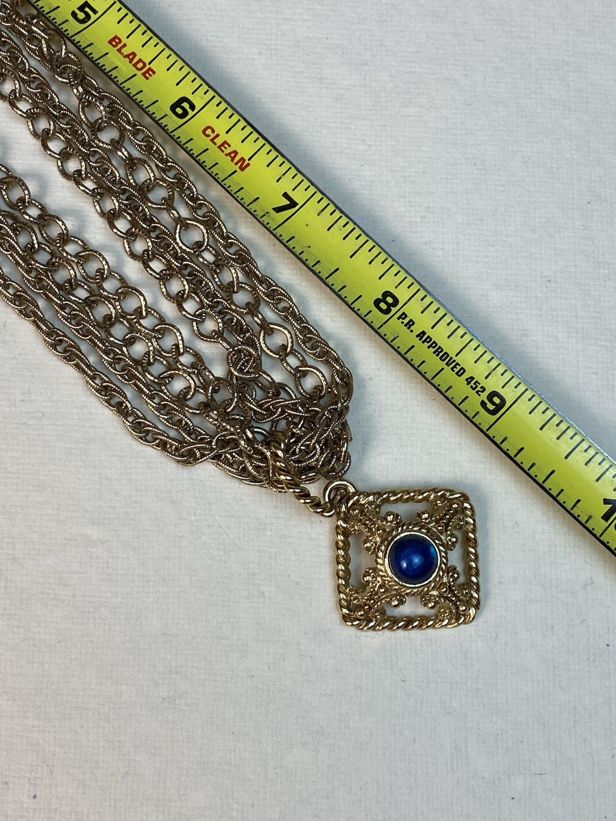 Vintage Givenchy Gold Tone 6 Strand Blue Cabochon Pendant Necklace Signed