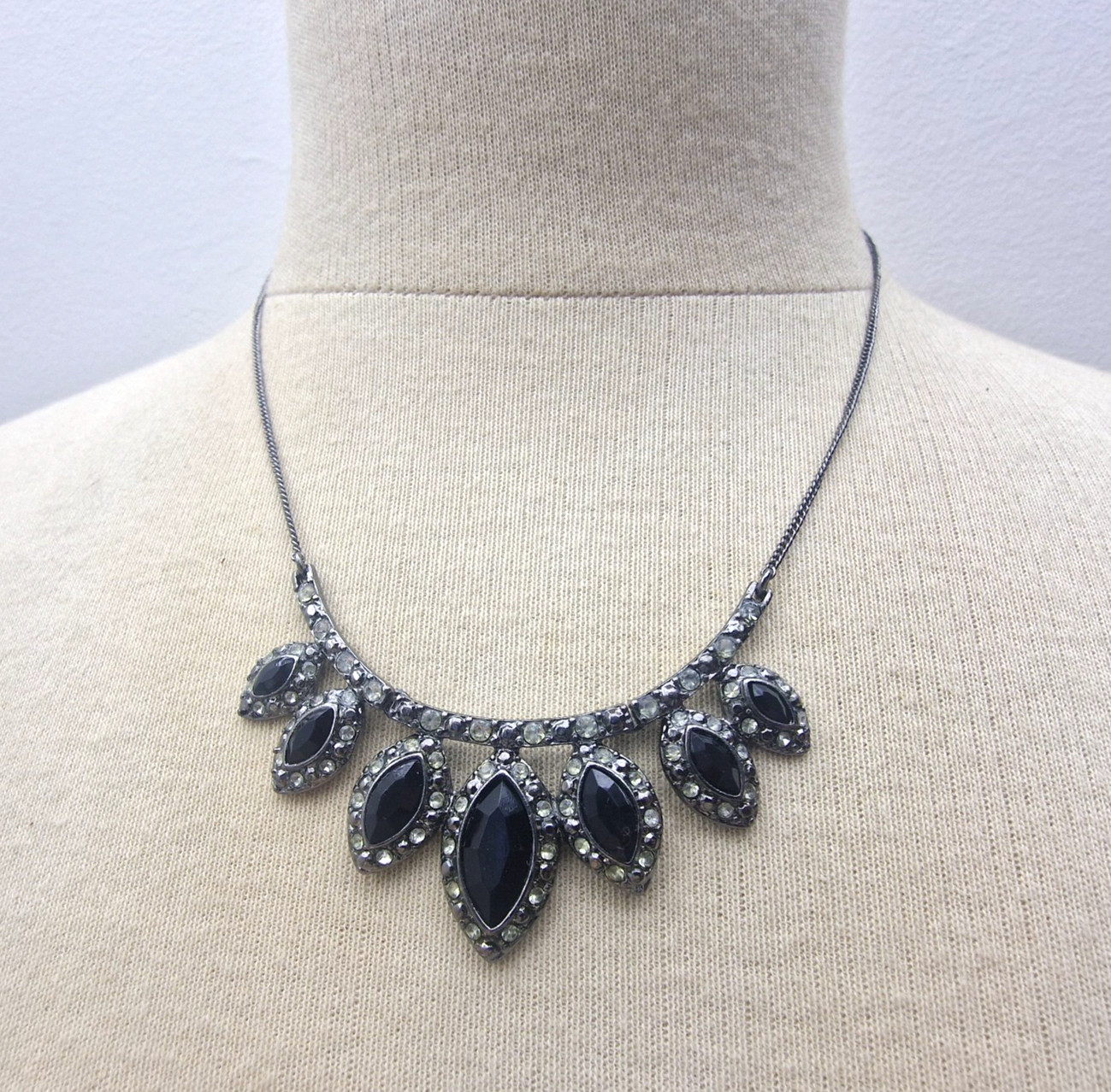 SAC Black Rhinestone Bib Necklace Gunmetal Tone Statement Costume Jewellery