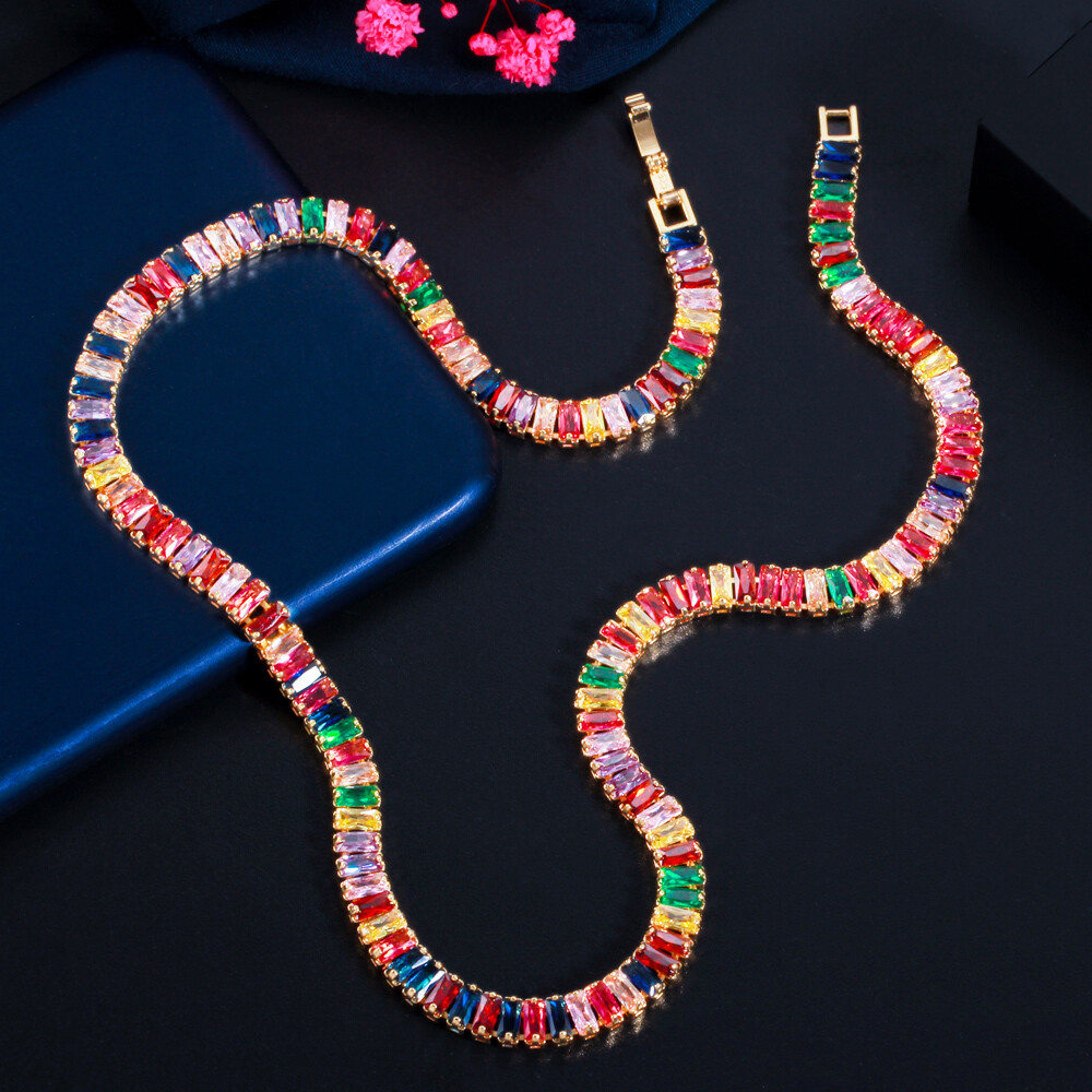 Colorful Rainbow Cubic Zirconia Tennis Necklace Gold Plated Women Bridal Jewelry