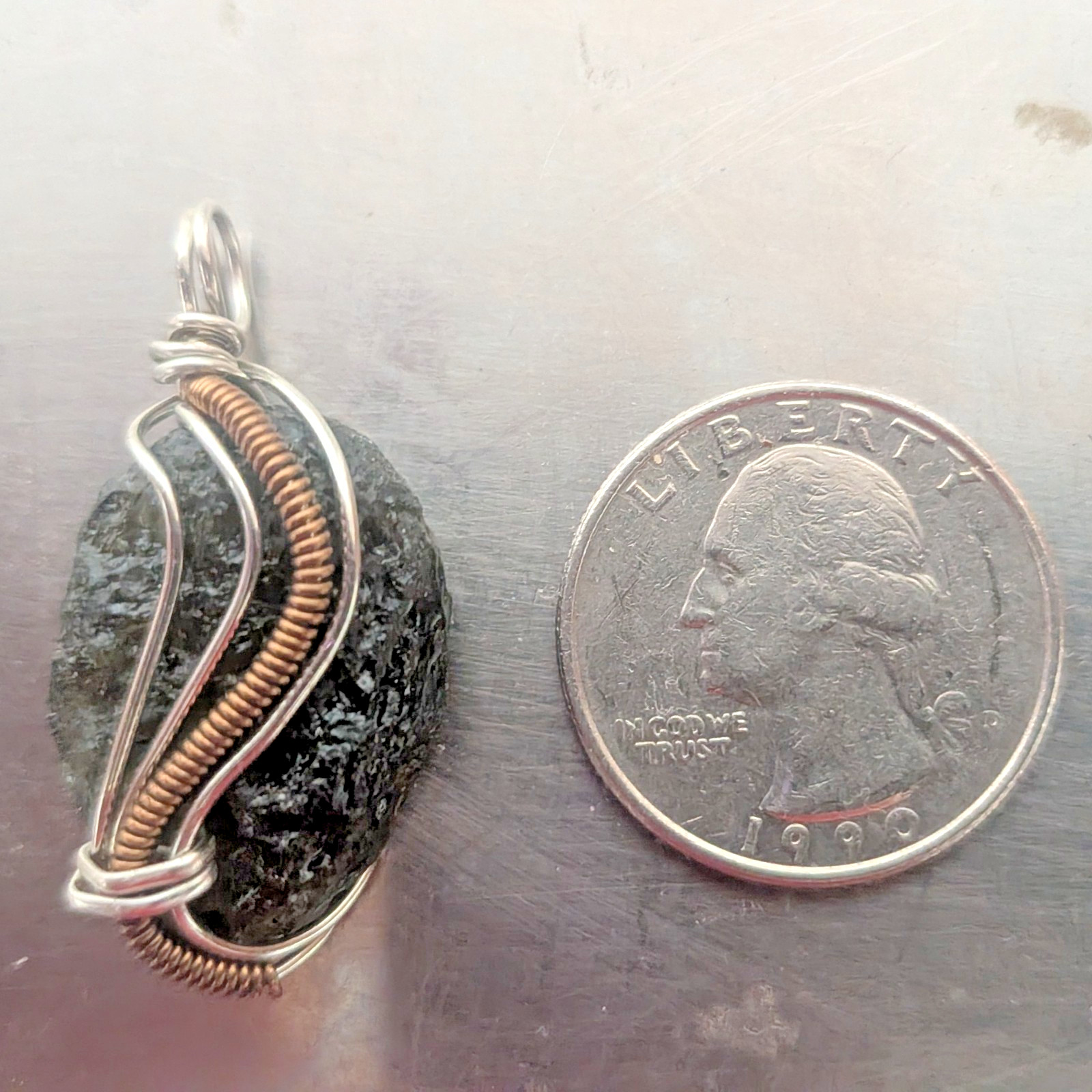 Moldavite Wire Wrapped Pendant Handcrafted Silver Jewelry 24ct