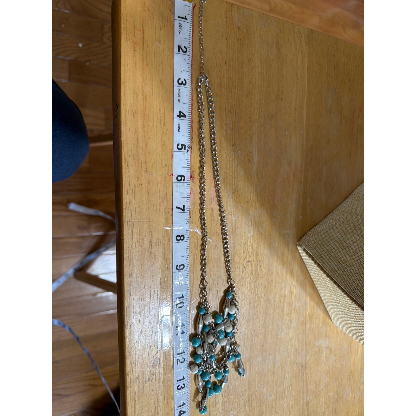Boho Silver Tone Turquoise Color White Marbled Beaded Fringe Statement Necklace