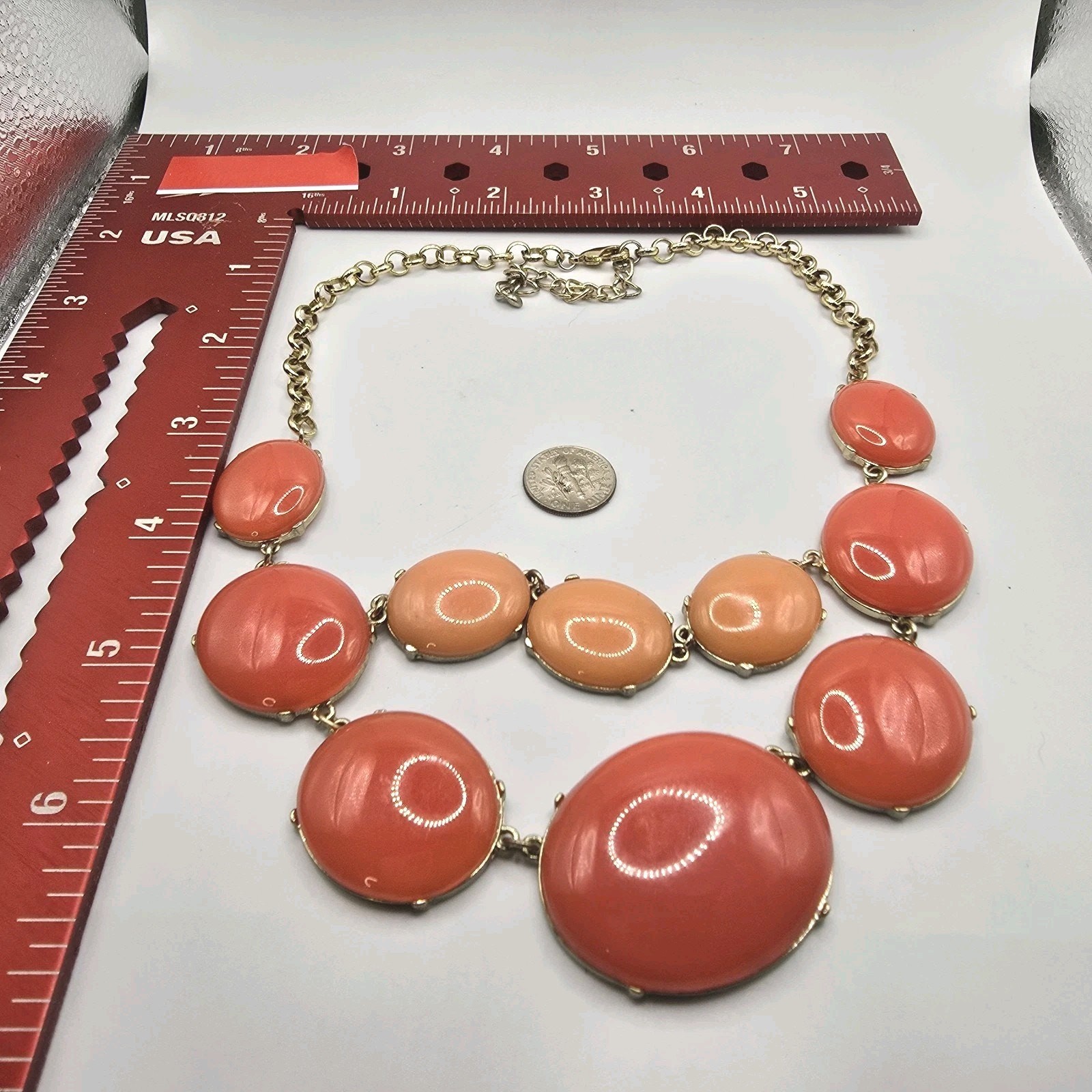 Necklace Orange Peach Colored Acrylic Resin Bib Style Oval Shaped Tone 14″ 16″