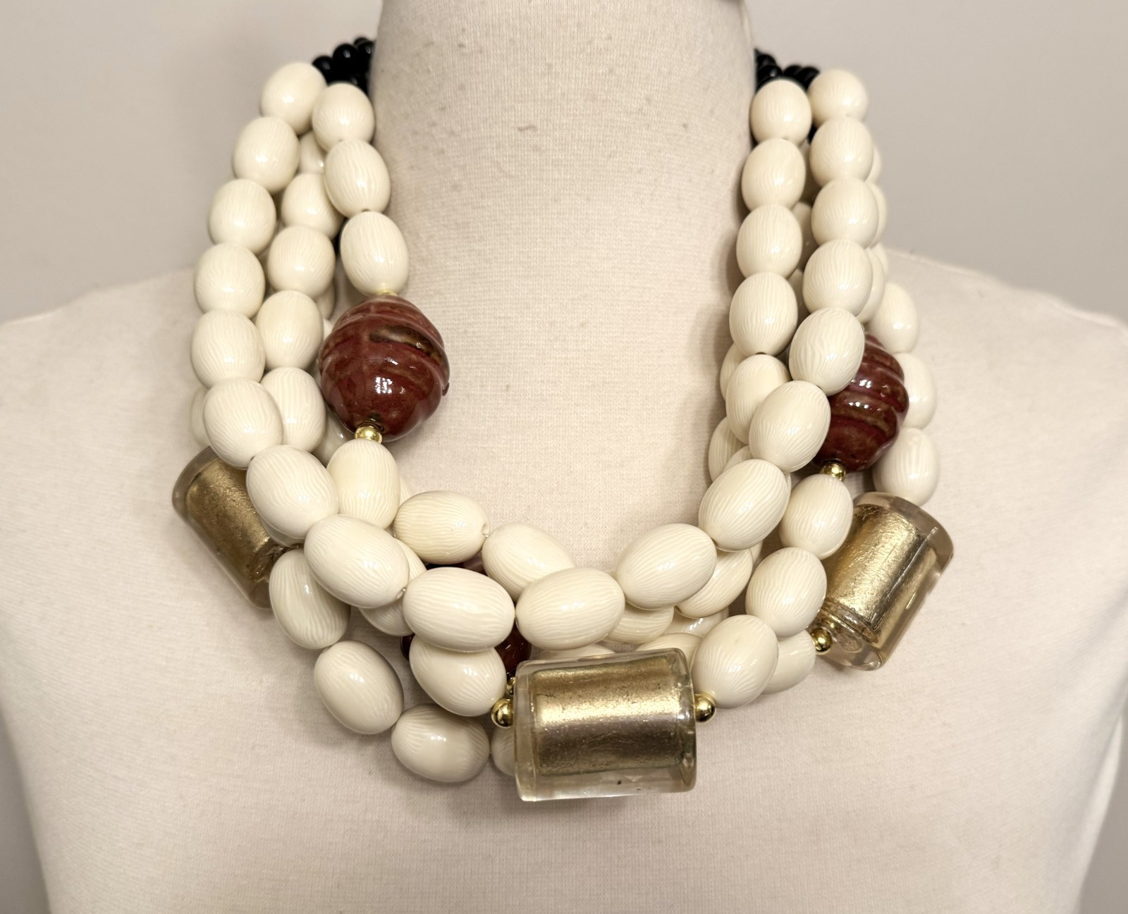 Cream Color Resin Beads & Large Gold Foil Acrylic Multi Strand Necklace